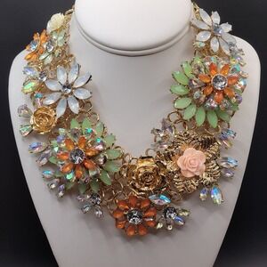 Large Heavy Floral Pastel Rhinestone And Gold Tone Statement Choker Necklace